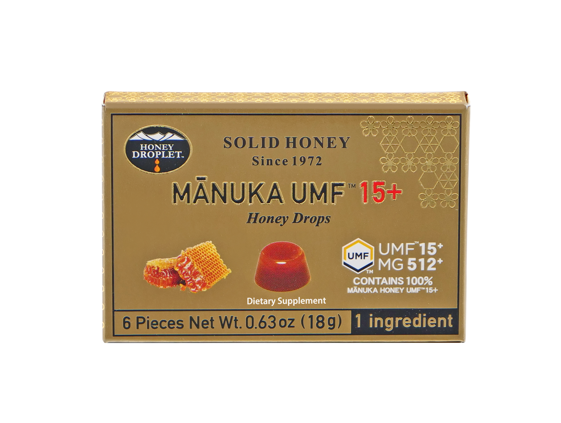 Box of Manuka UMF 15+ honey drops. Gold box with honeycomb and drop images, text including UMF 15+ and MG 512.