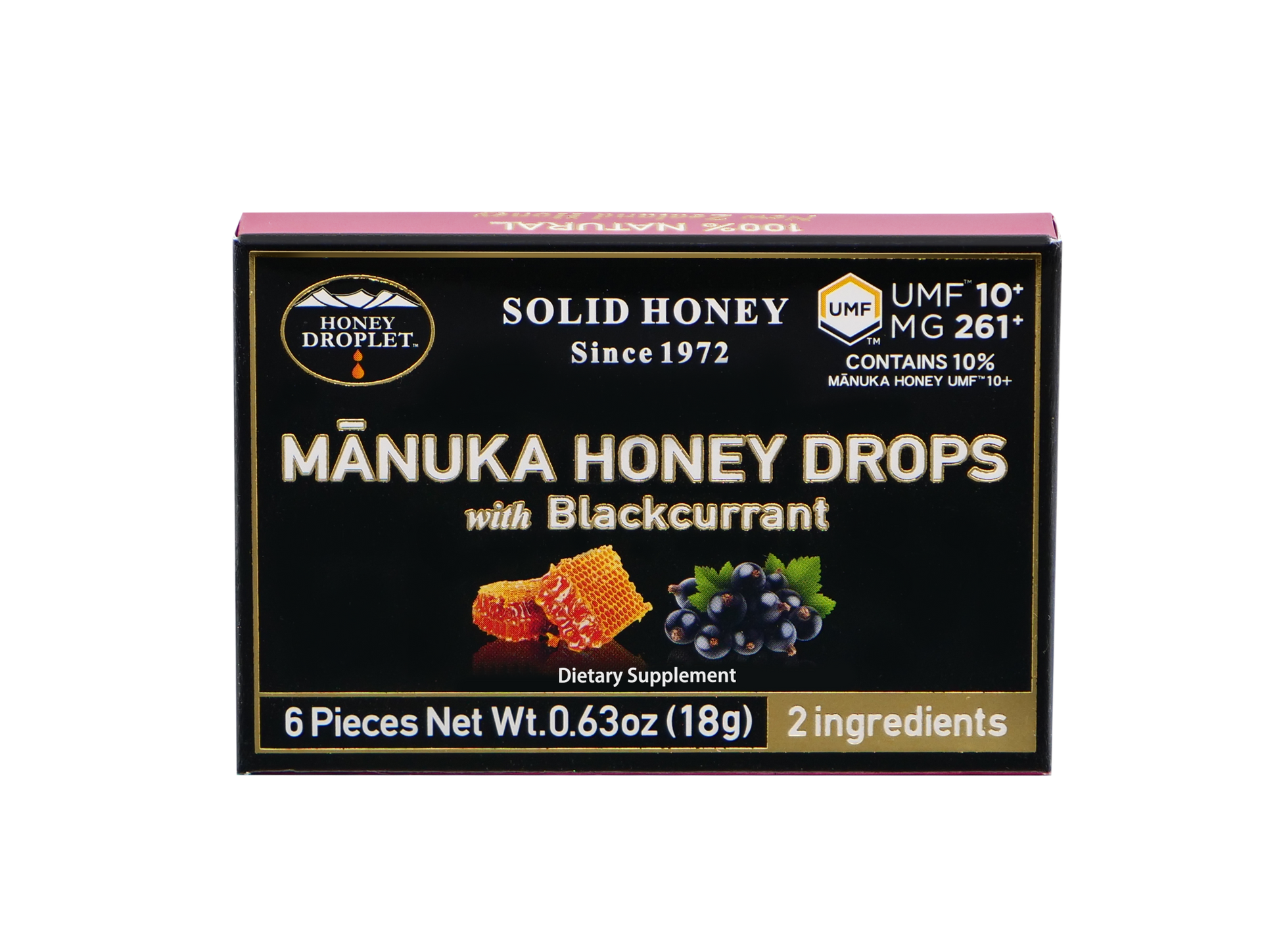 Box of Manuka honey drops with blackcurrant. Features text