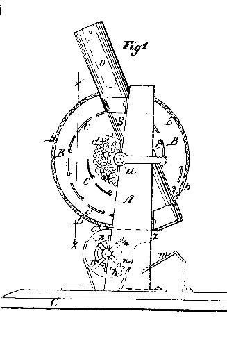 Diagram of an early mechanical device, likely a prototype, featuring gears, a rotating wheel, and a slanted plate, mounted on a base.