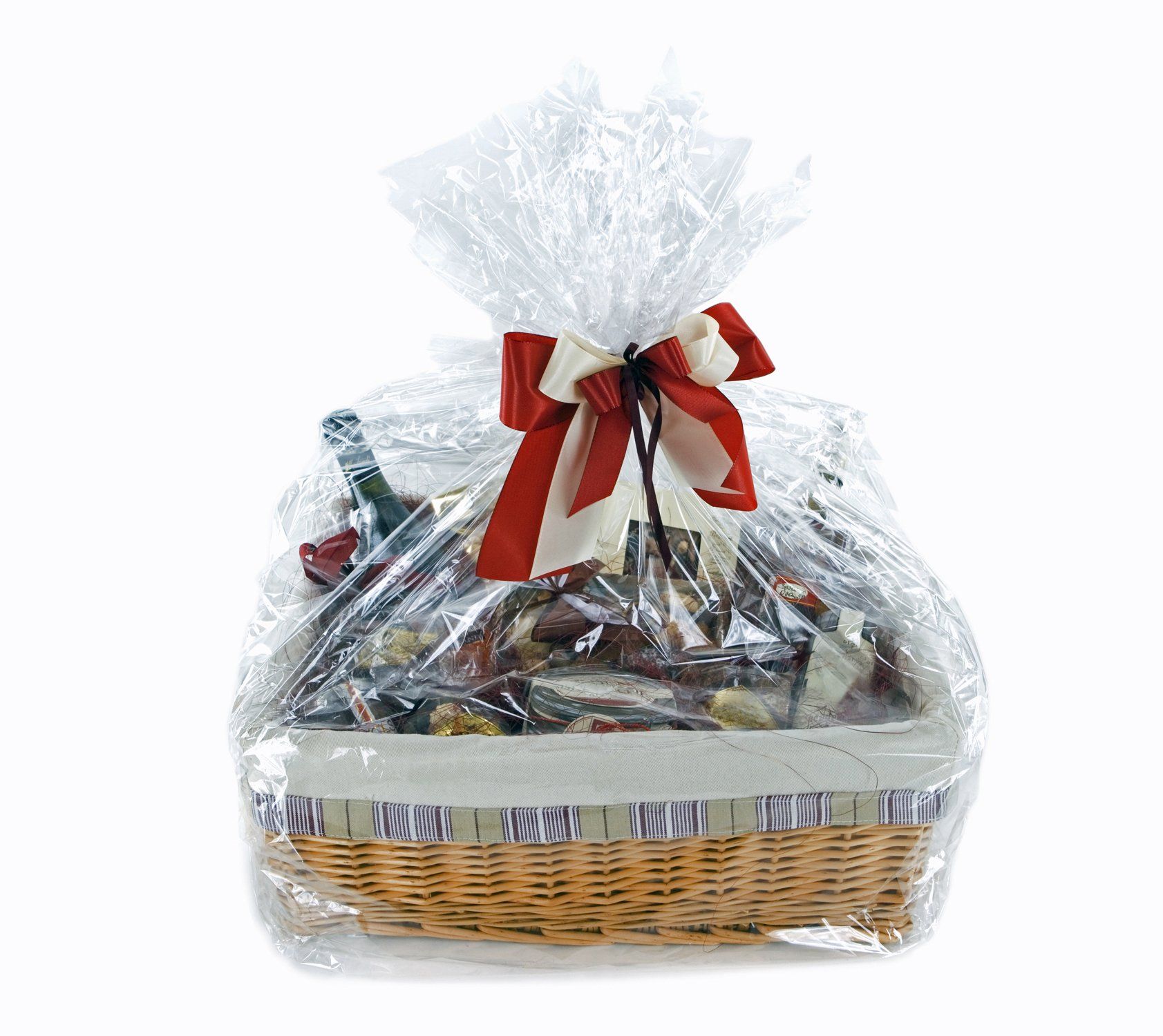 Gift basket wrapped in clear cellophane, tied with a red and cream bow. The basket is woven and contains various items.