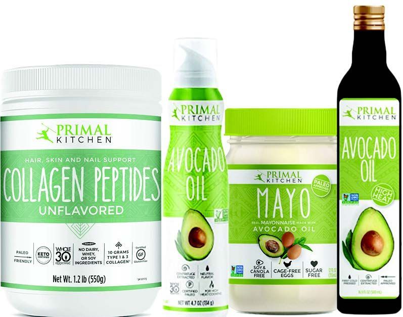 Four Primal Kitchen food products: collagen peptides, avocado oil spray, mayo, and avocado oil in bottles.