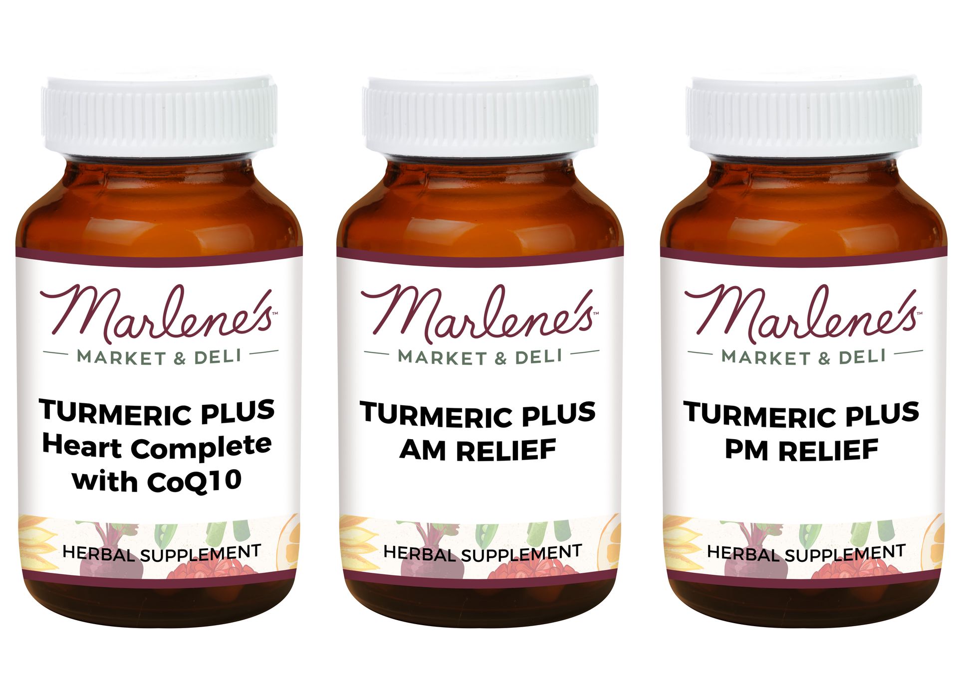 Three amber bottles of Marlene's Turmeric Plus supplements, labeled for heart health, AM relief, and PM relief.