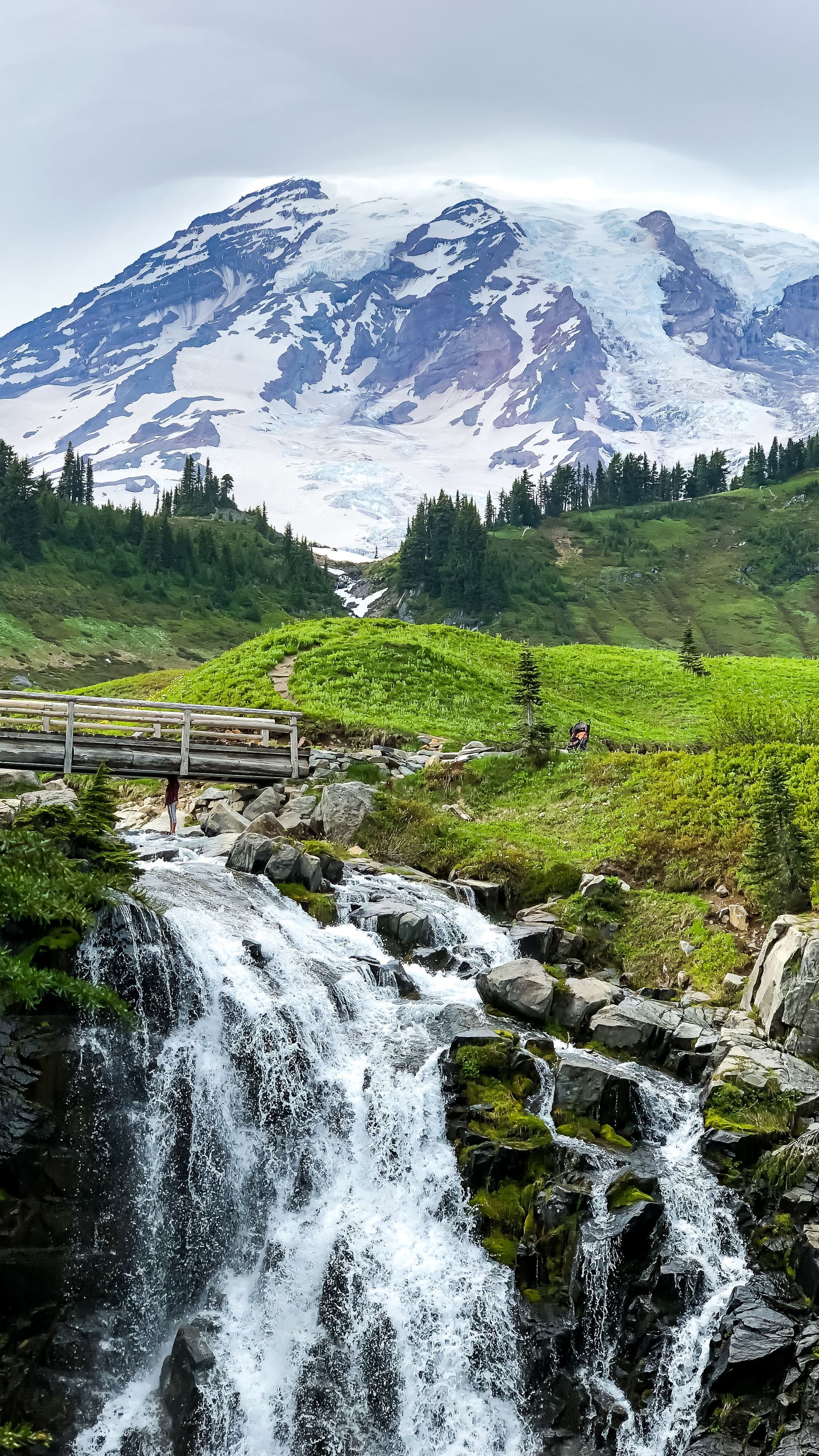 Waterfall cascading down rocks in front of a snow-capped mountain, with green vegetation in between.