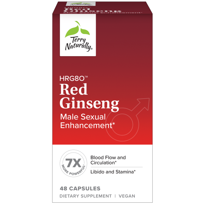 Box of Terry Naturally HRG80 Red Ginseng capsules for male sexual enhancement, with a red and white design.