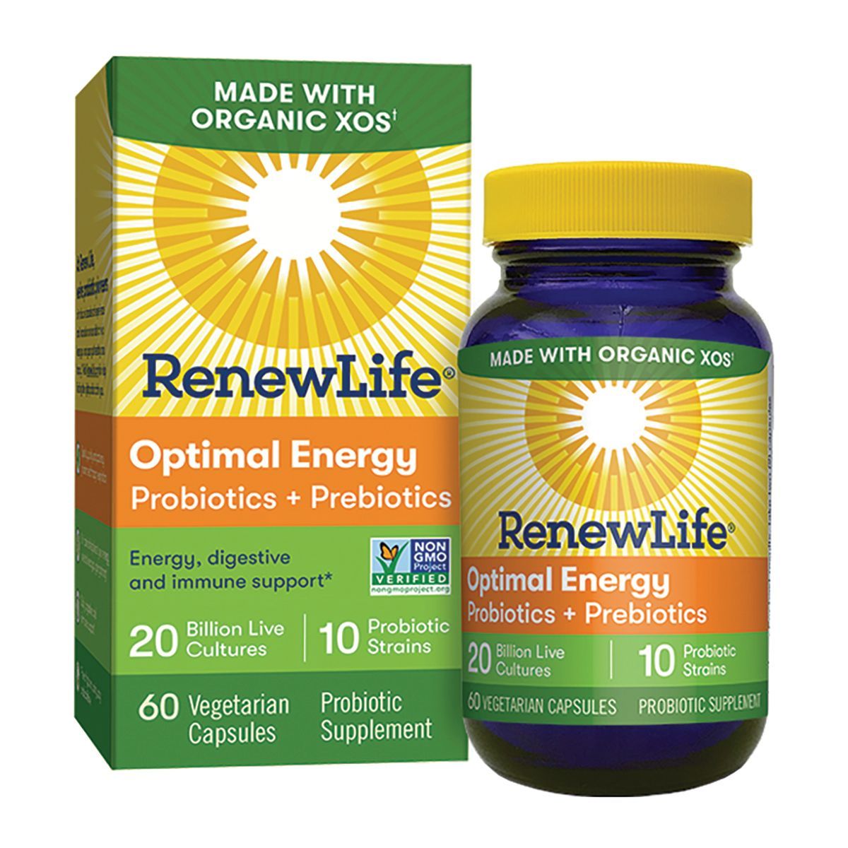 Box and bottle of RenewLife Optimal Energy Probiotics + Prebiotics. Green and orange packaging, with yellow sunburst design.