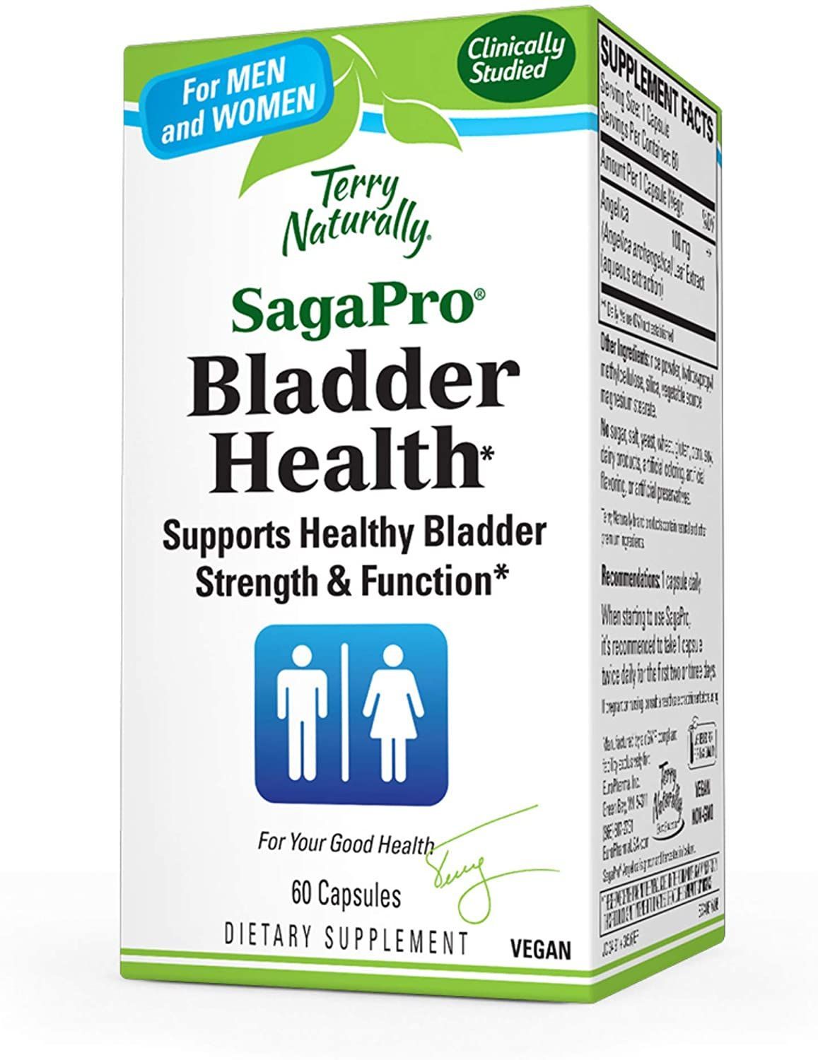 Box of SagaPro Bladder Health supplement, with text, a male and female icon, and green and white color scheme.