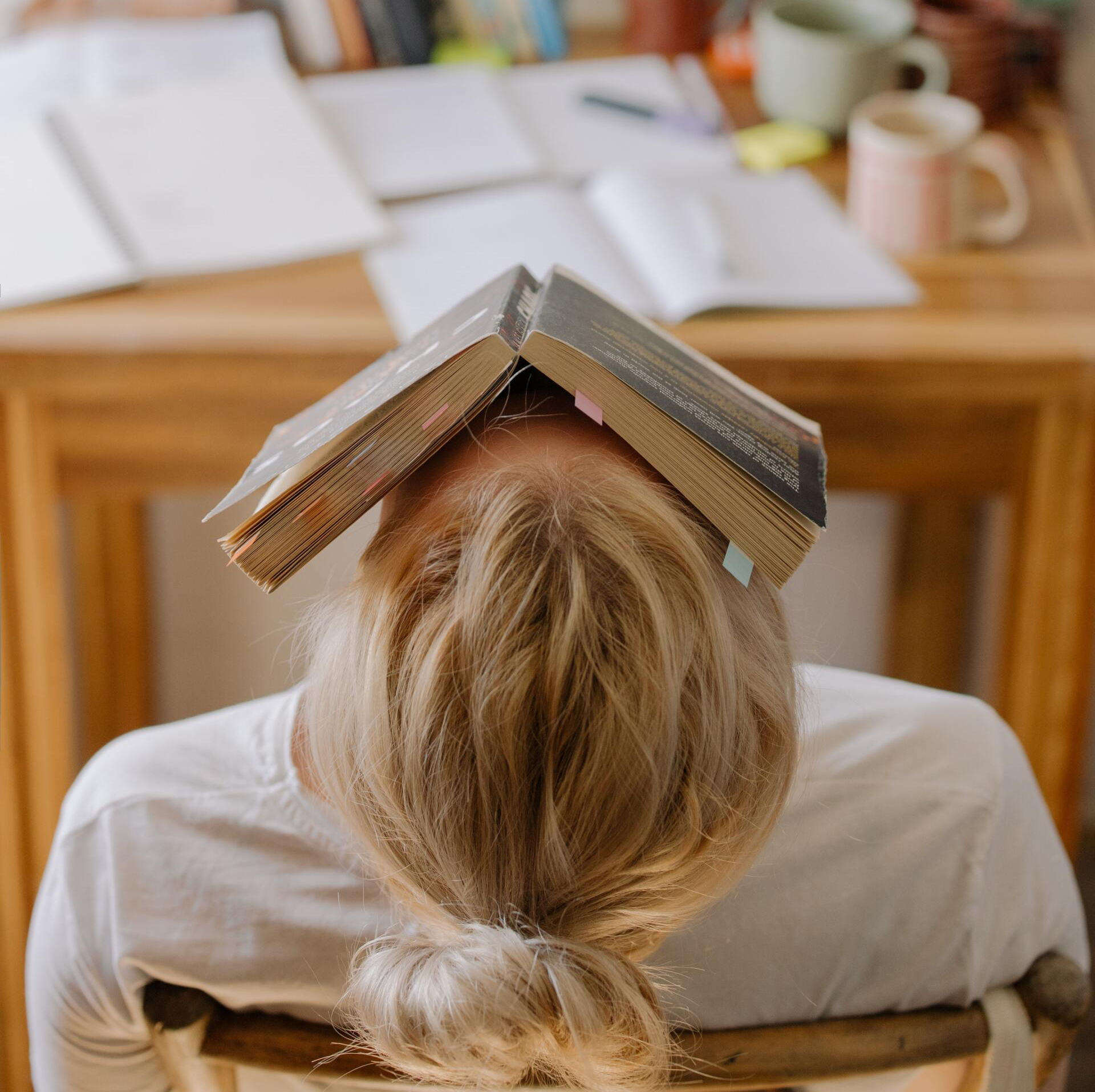 Blonde person with head resting on a table, two books balancing on their head. Overwhelmed by studying, at a desk.