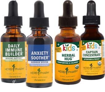 Four bottles of herbal supplements: Daily Immune Builder, Anxiety Soother, Herbal Hug for kids, and Captain Concentrate for kids.