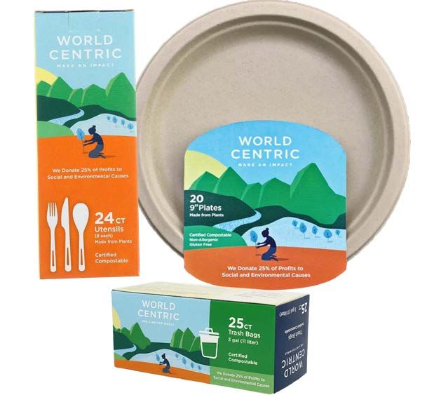 World Centric compostable tableware: plates, cutlery, and trash bags. Boxes feature a river scene with mountains.