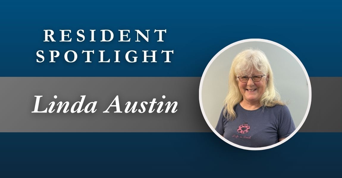 Resident Spotlight graphic with “Linda Austin” and a circular portrait on a blue gradient background