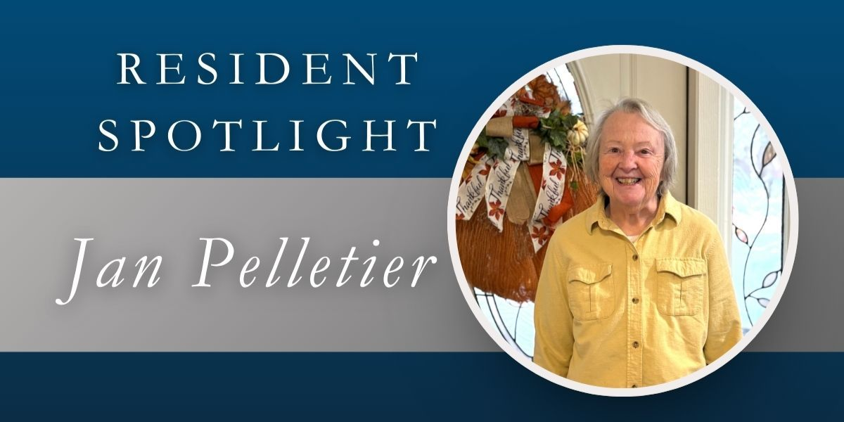 Resident Spotlight: Jan Pelletier, smiling in a yellow shirt, framed in a circle. Blue background.