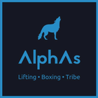 Blue AlphaS logo with wolf silhouette and tagline &ldquo;Lifting &bull; Boxing &bull; Tribe&rdquo; on dark background
