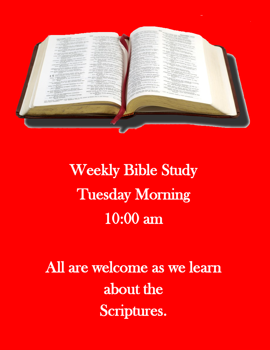 Open Bible on red background with weekly Bible Study Tuesday Morning 10:00 am announcement