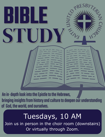 Bible study flyer for a United Presbyterian Church, blue-green with open Bible and Tuesday 10 AM meeting details