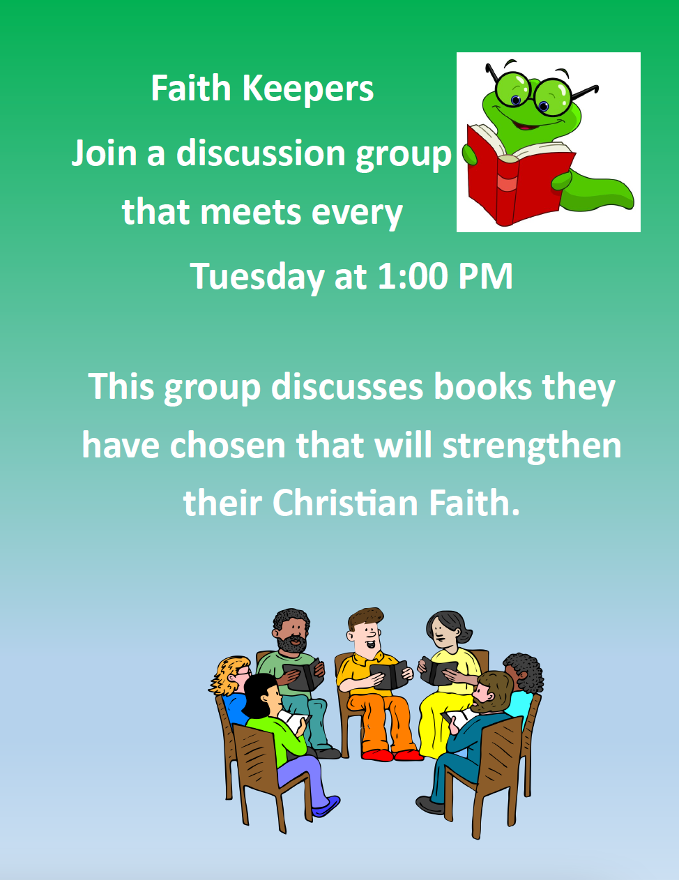 Faith Keepers discussion group flyer with green frog, seated readers, and Tuesday 1:00 PM meeting time