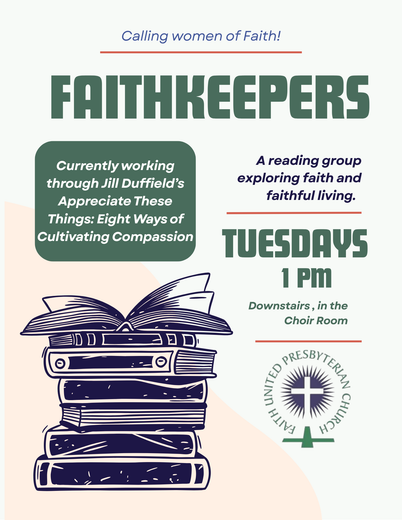 Faithkeepers women’s faith group flyer with stacked books and Tuesday 1 PM meeting details