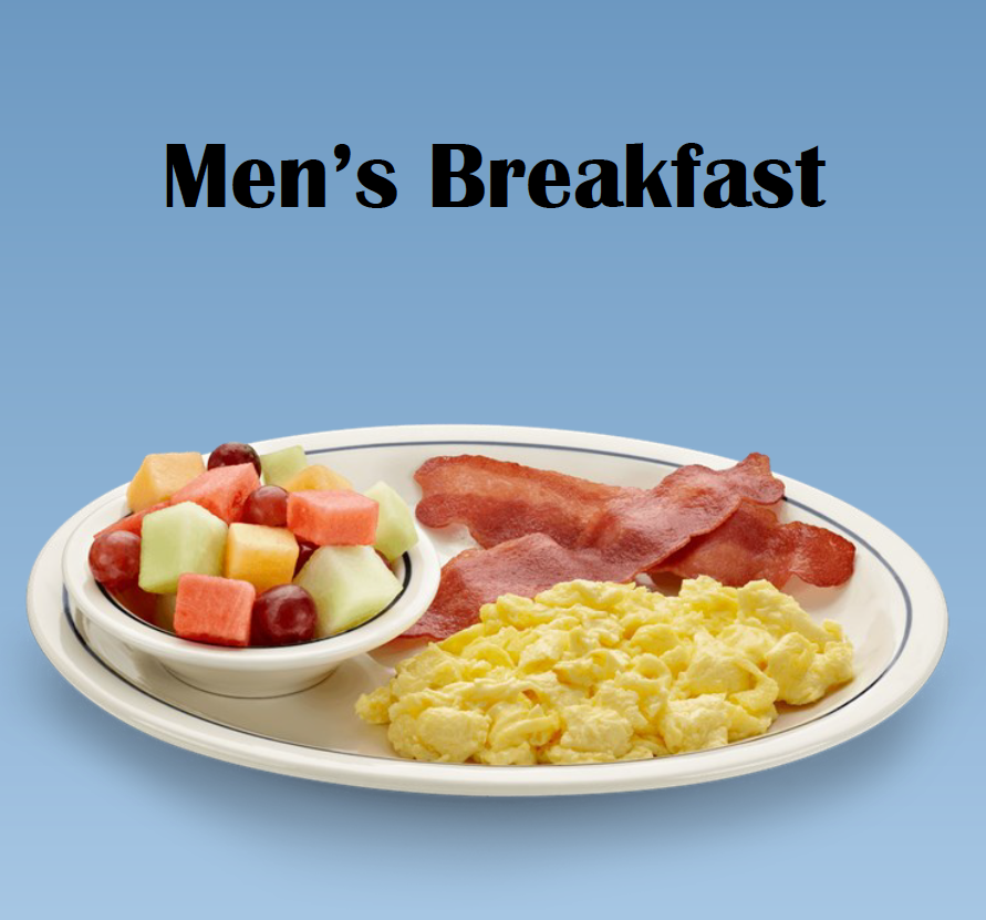 Breakfast plate with scrambled eggs, bacon, and a bowl of mixed fruit on a blue background