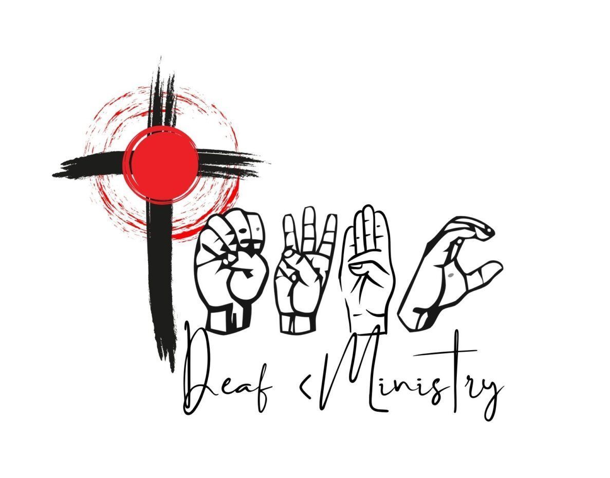 Black cross with red circle and hands signing 