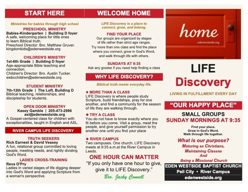 Church ministry directory listing groups by age: young adults to older adults.