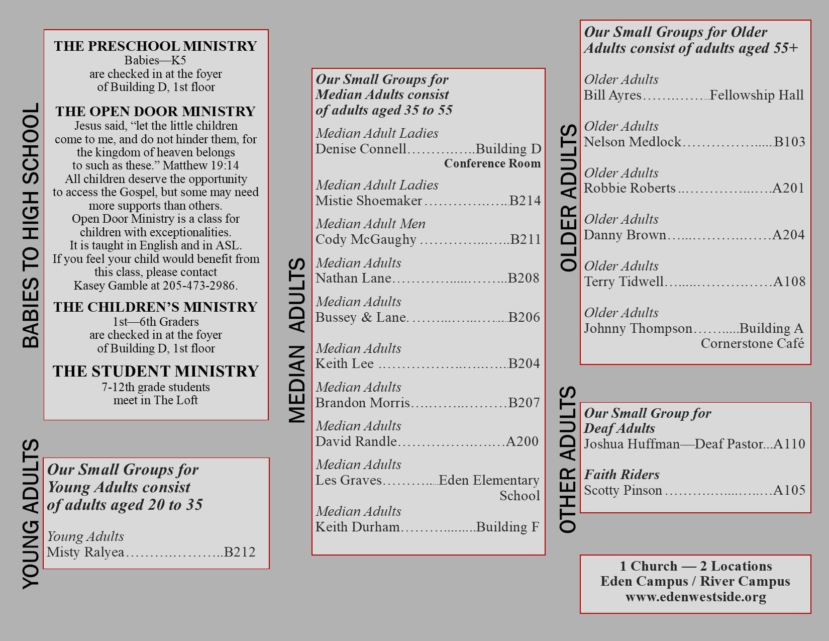 Church ministry directory listing groups by age: young adults to older adults.