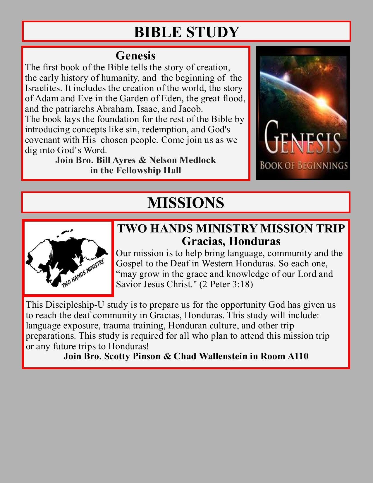 Church in winter, book covers, and sign language class flyer.