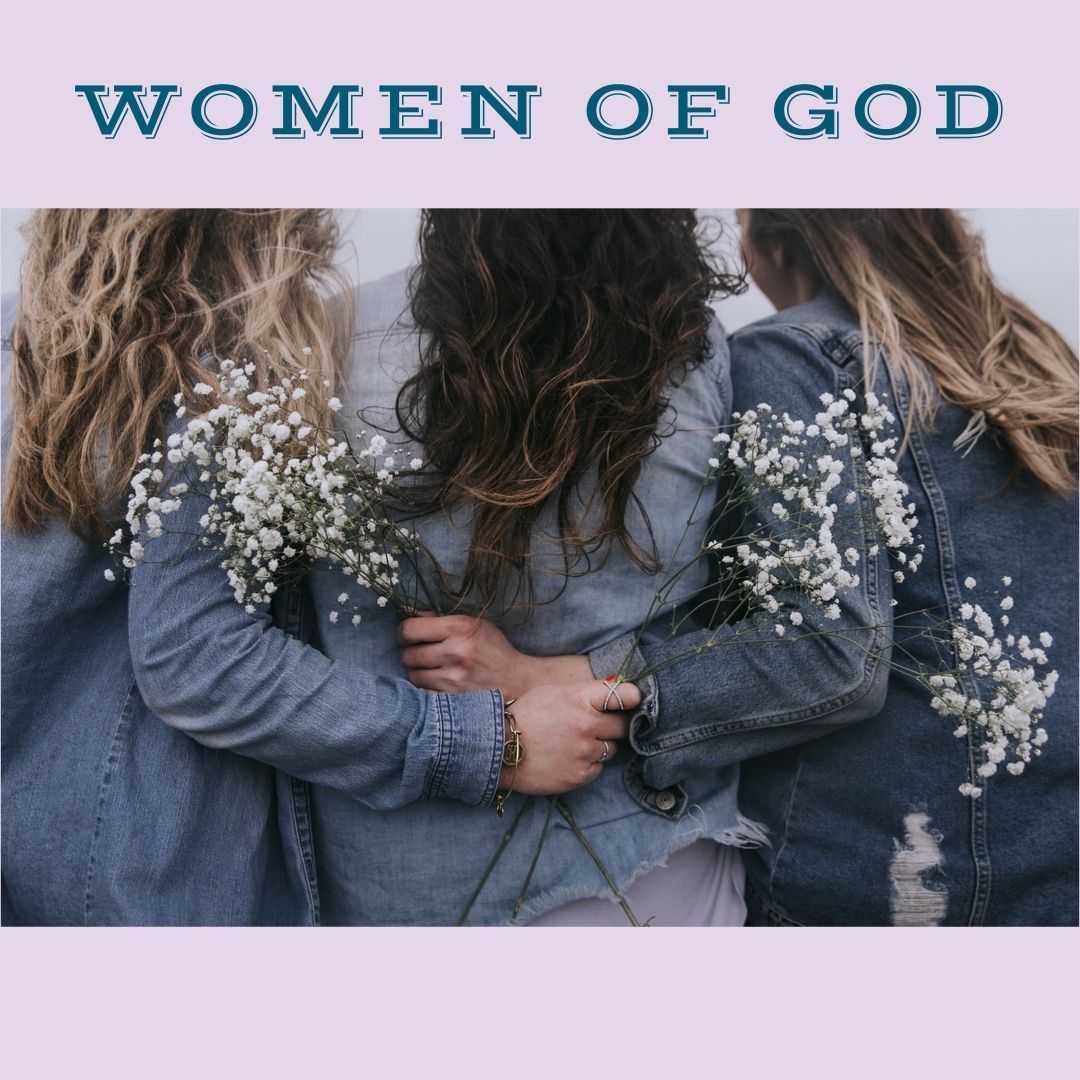 Three women in denim jackets embrace, holding flowers. Text 