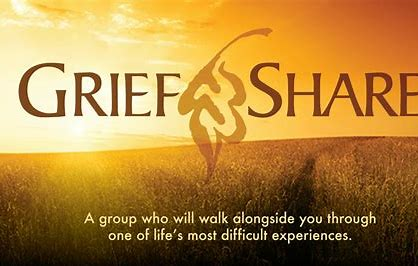 GriefShare logo. Golden field with sunrise. Text: 