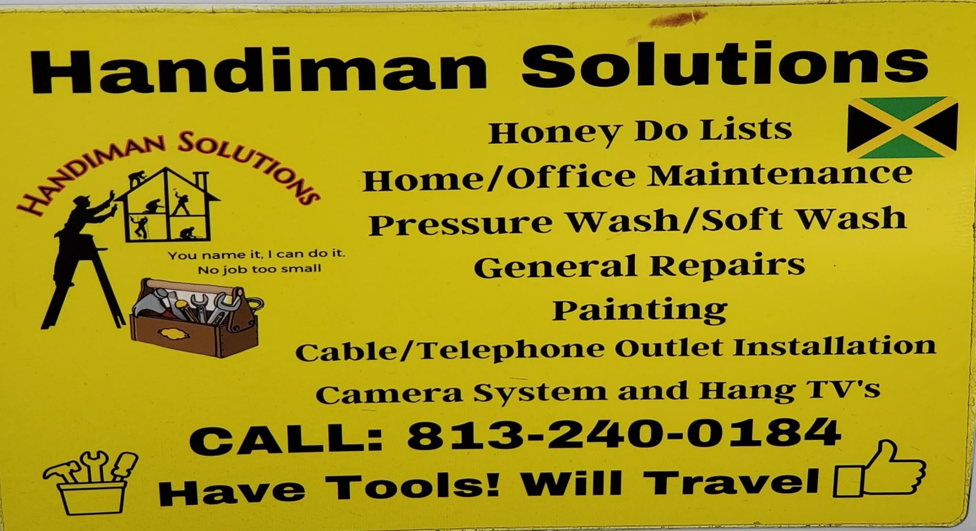 Yellow handyman business card with services listed and a phone number.