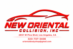 New Oriental Colliding red logo with car outline, company name, address, phone and email on white background