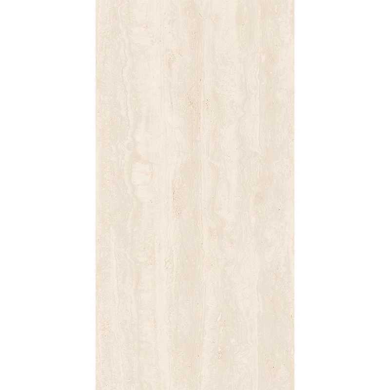 Azulejo de travertino beige con estrías verticales, que muestra la textura de la piedra natural.