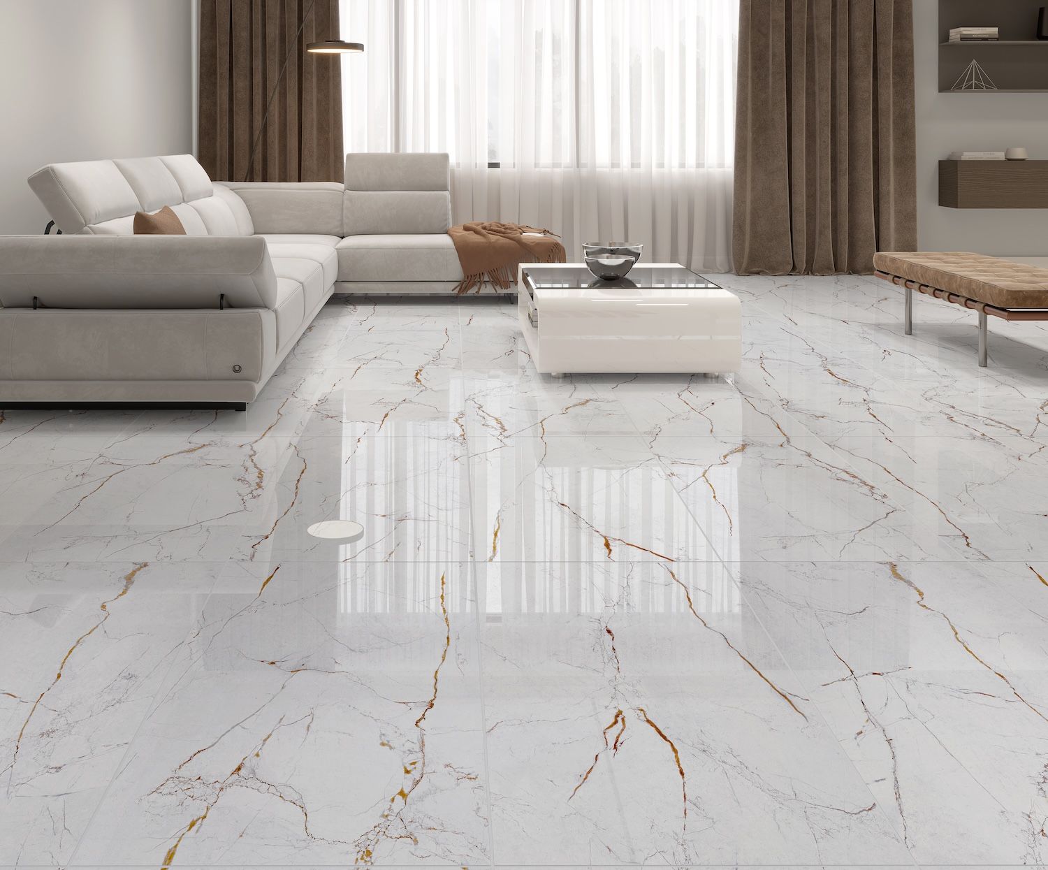 Superficie de mármol blanco con vetas de color dorado.