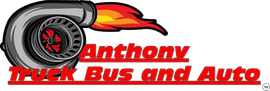 Logo for Anthony Truck Bus and Auto with a red-and-black truck and flame design