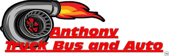 Logo for Anthony Truck Bus and Auto with a red-and-black truck and flame design