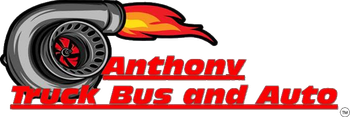 Logo for Anthony Truck Bus and Auto with a red-and-black truck and flame design