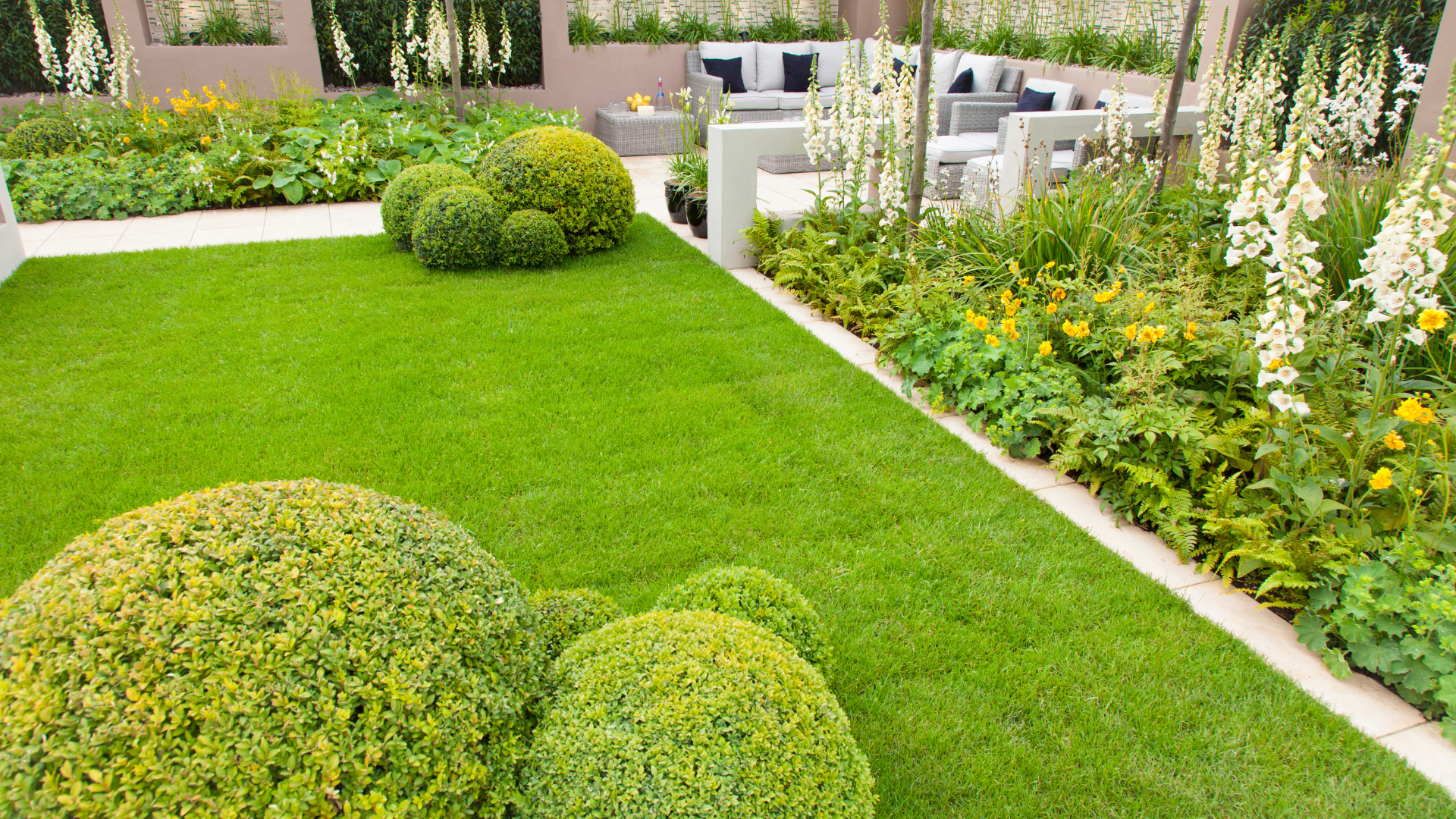 A lush green lawn surrounded by bushes and flowers in a garden.