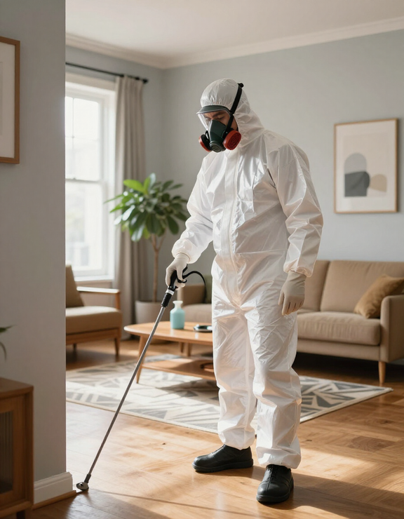 Una persona con un traje protector blanco y una mascarilla respiratoria rocía desinfectante en una sala de estar.