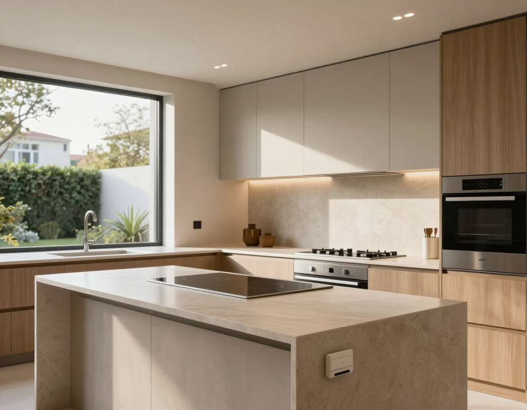 Cocina moderna minimalista con isla beige, armarios de madera, ventana grande y horno empotrado.