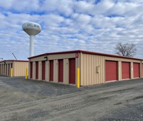 delmar storage facility outdoors with red doors