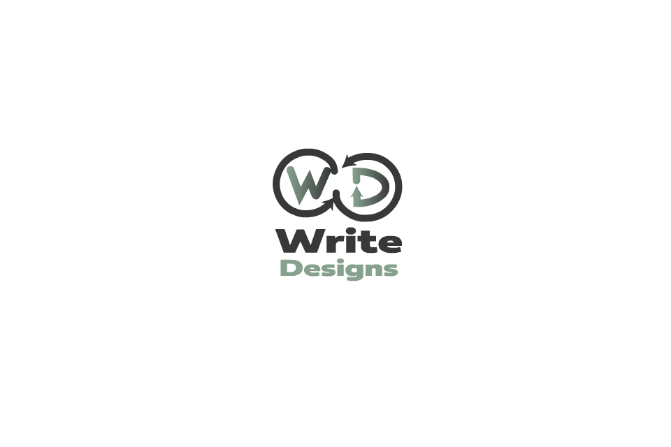 Write Designs logo with black and green interlocking WD letters on a white background