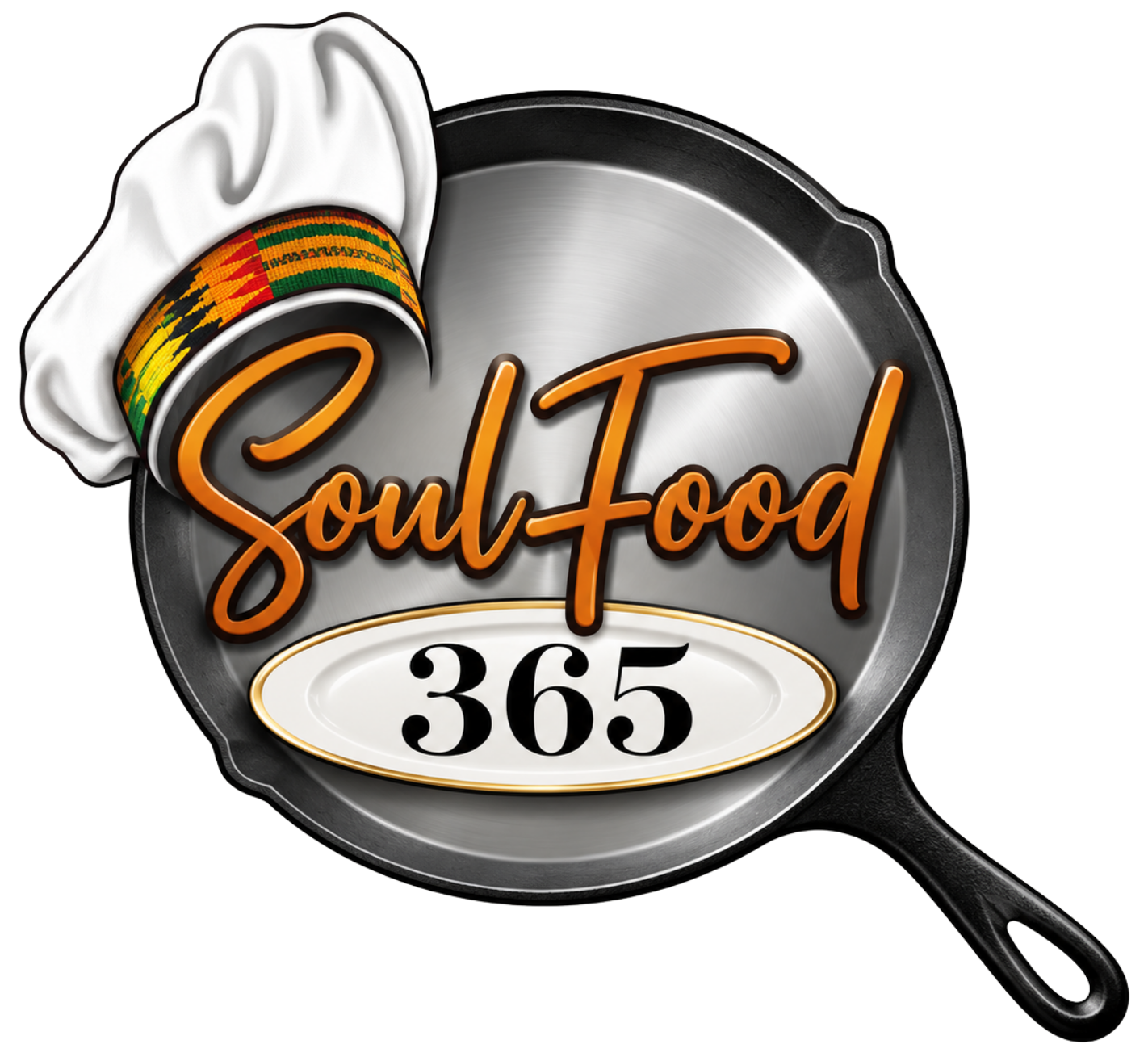 SoulFood 365 logo with a chef hat on a skillet, orange script and black-and-white design