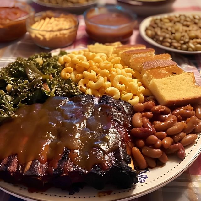Barbecue dinner plate with ribs, collard greens, macaroni and cheese, beans, cornbread, and sides