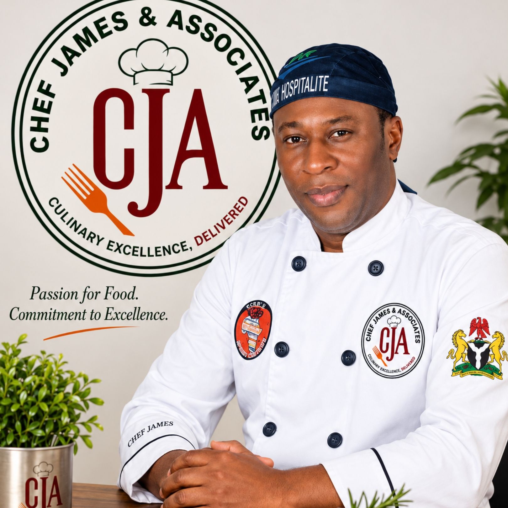 Chef James & Associates logo and uniformed chef portrait beside a potted plant, with “CIA” branding and motto text