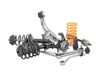 There are many different types of suspension parts on a white background There are many different types of suspension parts on a white background.