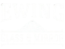 White storefront sign reading “EWING” and “GLASS & MIRROR” with a faint emblem in the center