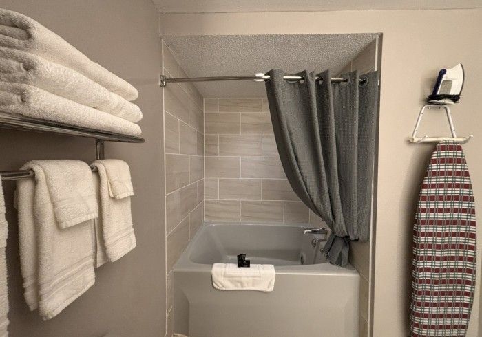 Small bathroom with shower, gray curtain, white towels, and a striped ironing board on the wall