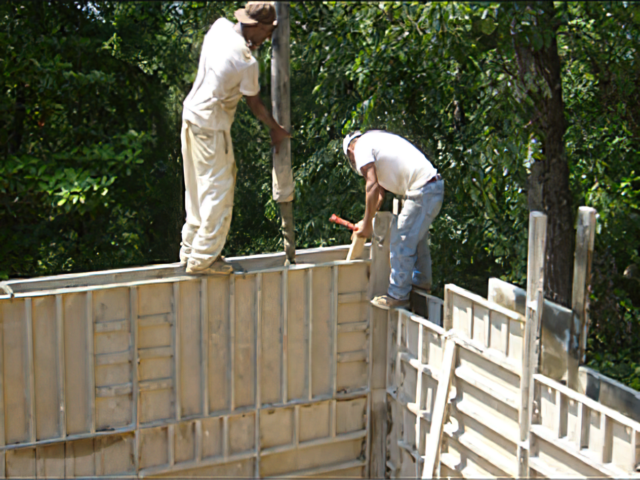 Two men are working on a wall with trees in the background