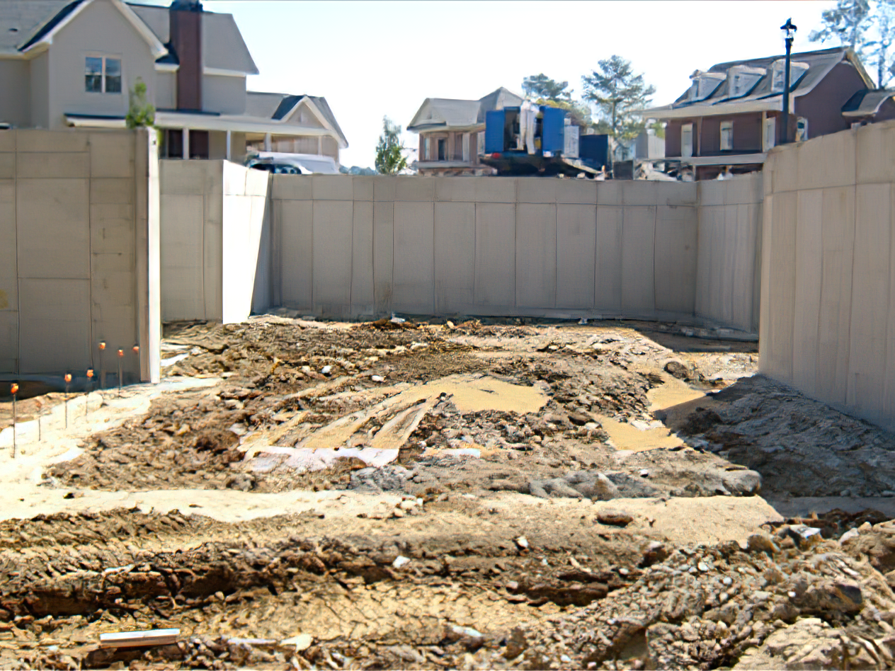 A construction site with a lot of dirt and houses in the background