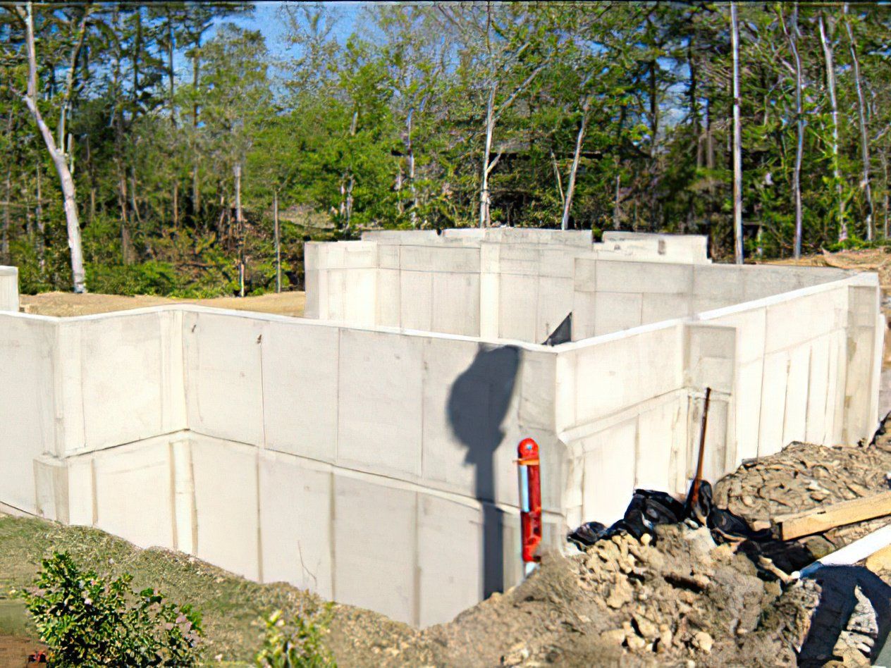 A concrete wall is being built in the middle of a forest
