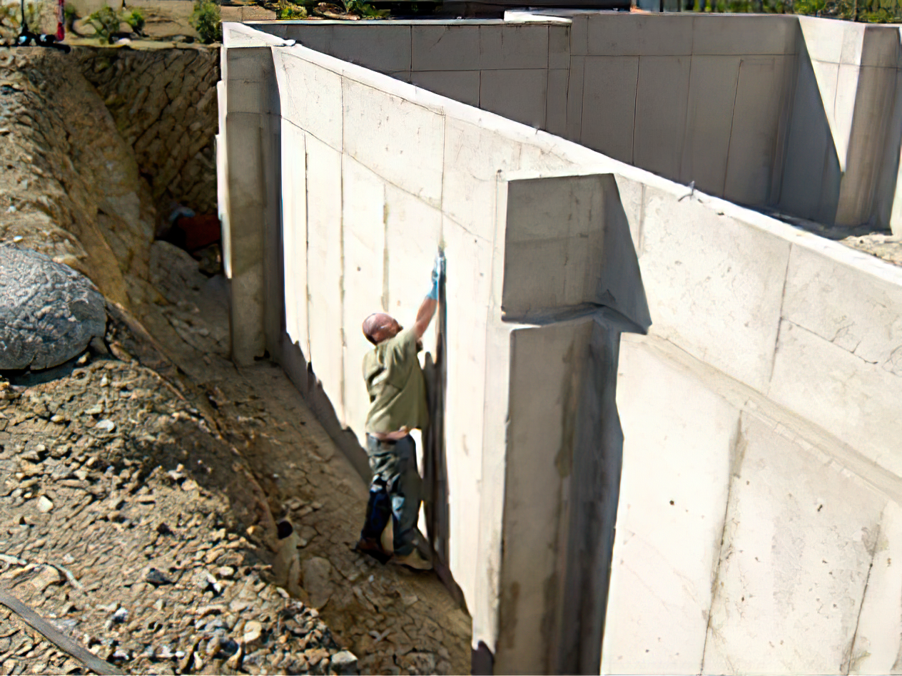 A man is standing next to a large concrete wall