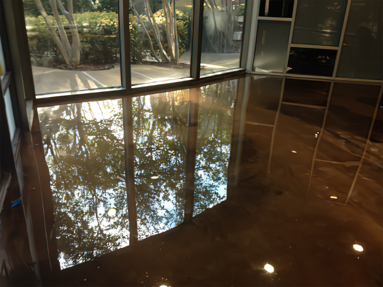 A room with a shiny floor and a reflection of trees in the floor.